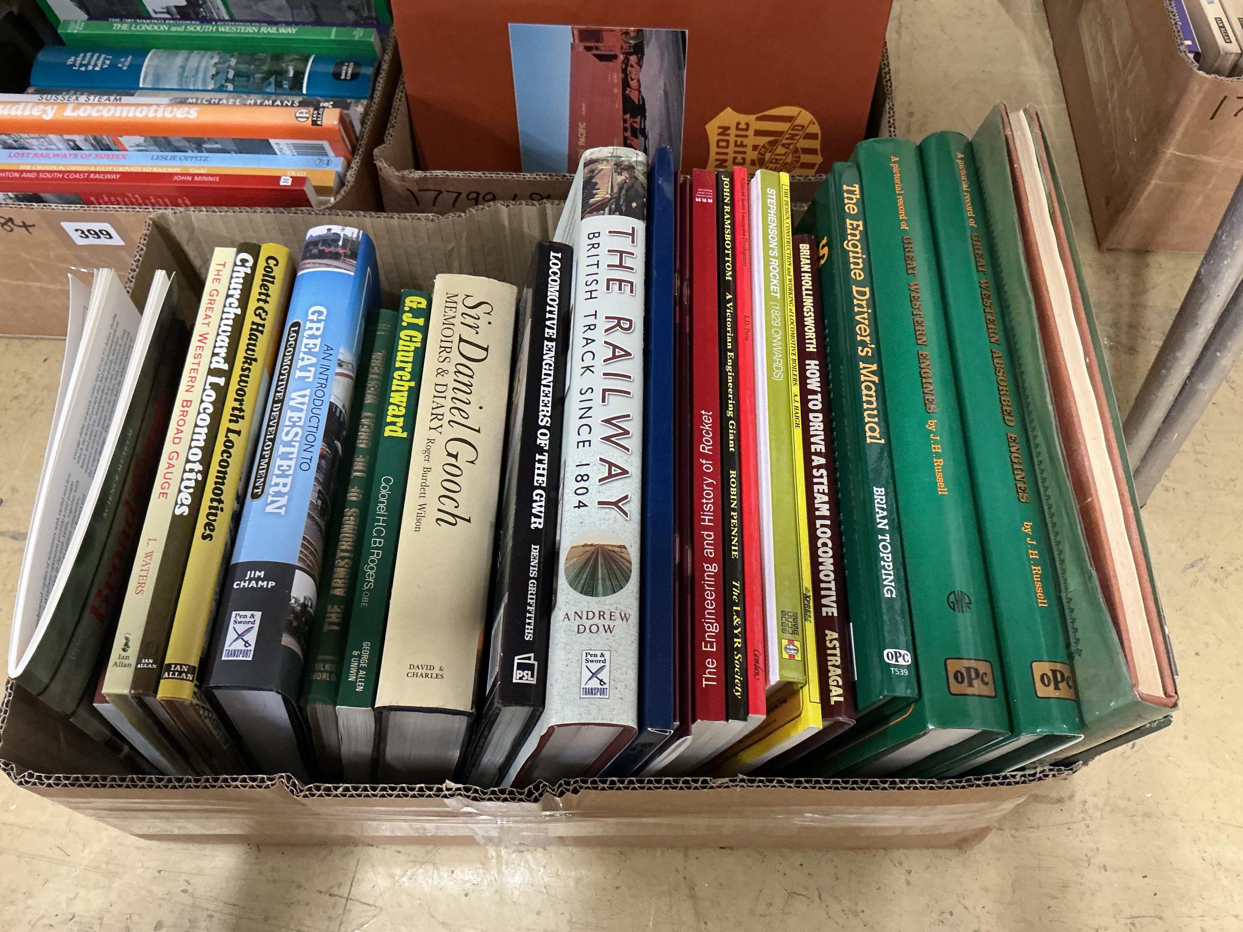 Three boxes of railway related books, subjects include; Stroudley Locomotives, Sussex Steam, the LSWR, Drummond Locomotives, the History of the Southern Railway, Sir Daniel Gooch, the Engine Driver’s Manual, A Pictorial